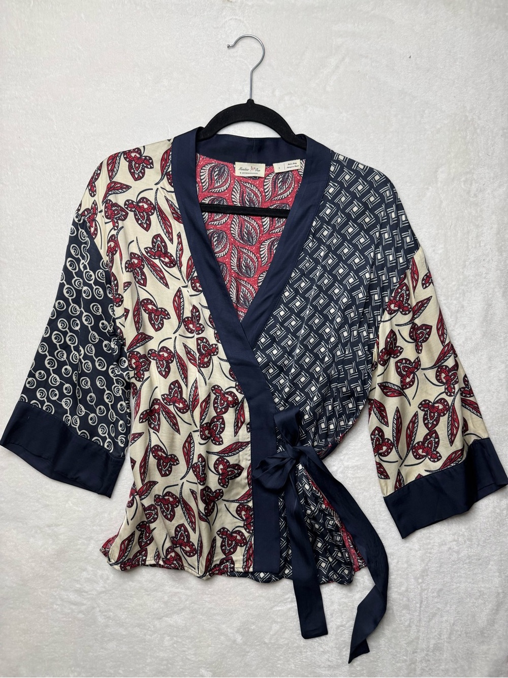 Anthropologie Meadow Rue  Patchwork Kimono Wrap Blouse Navy Cream Red Boho Small